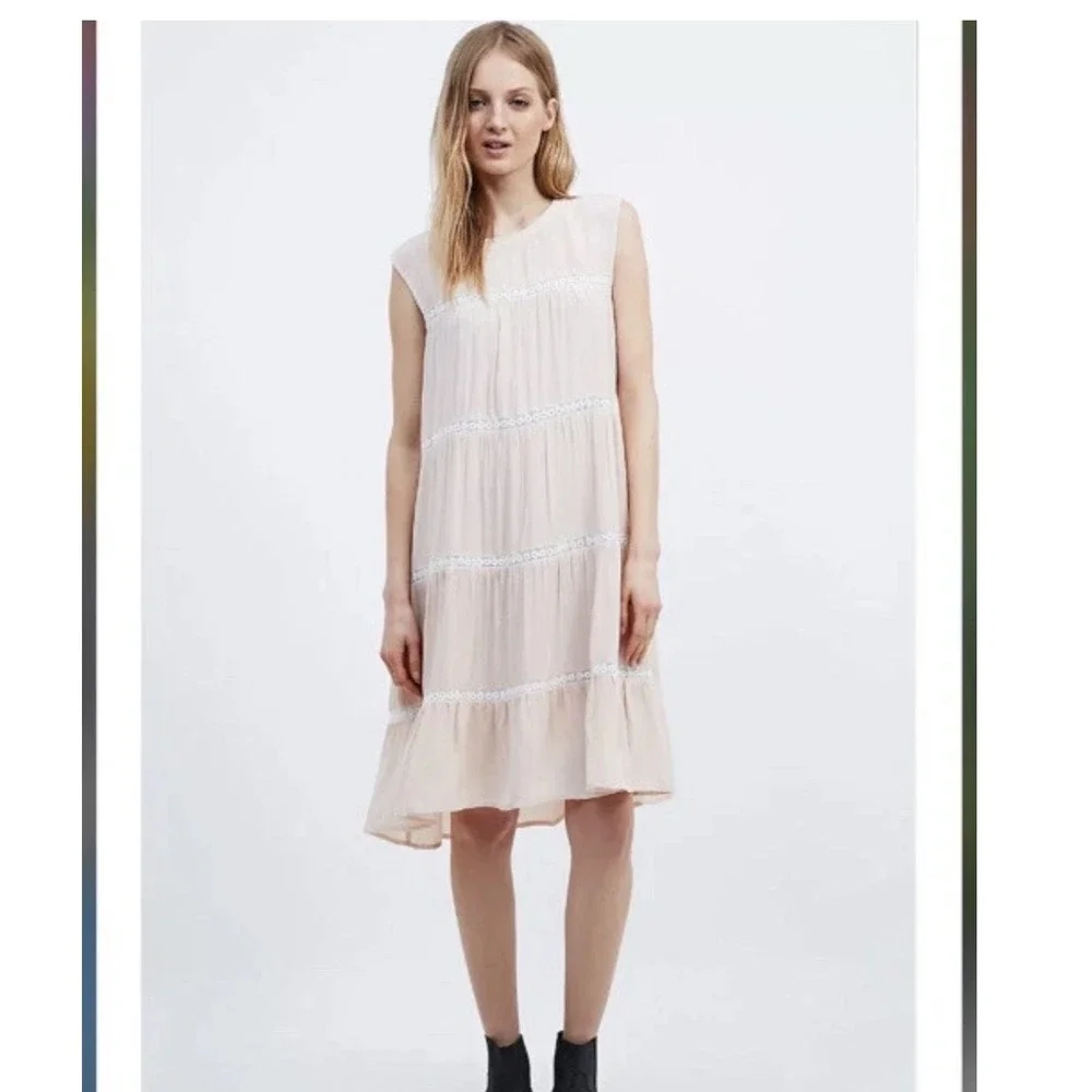 Little White Lies London Tiered Lace Trim Shift Dress Blush Pink Sleeveless S
